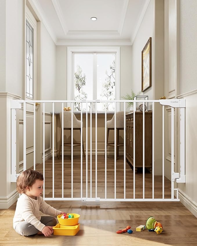 Cumbor Expandable 31.6-48" Baby Gate for Stairs, Wall-Mounted, 2-in-1 No Bottom Bar Dog Gate Indoor, Auto Close Pet Gate for Doorways with Large Walk Thru Door, Child-Proof Gate for Kids (White)