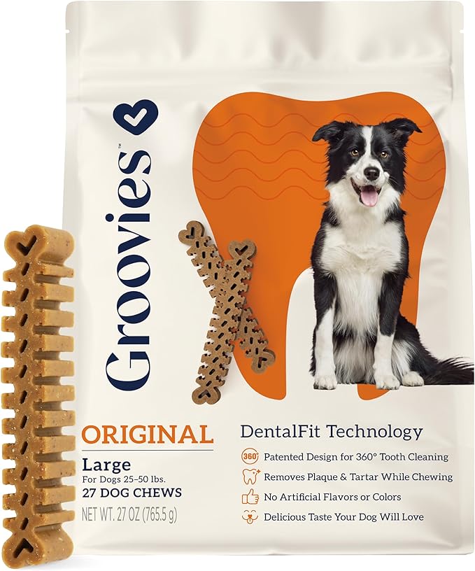 Groovies Flexible, Yet Moderately Tough Daily Dog Dental Chews. Powered by USA-Patented DentalFit Technology. No Added Gluten, No Artificial Flavors or Colors. Original 27oz Large (27Chews)