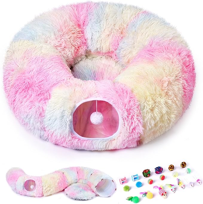Odoland Cat Tunnel Bed with 20 Cat Toys - Indoor Plush Kitten Couch,Detachable Cats Cave Donut Tunnel & Soft Kitten Toy Set-Cozy Cat Furniture Pink