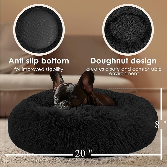 Hoewina Dog & Cat Bed, 20in Cat Beds for Indoor Cats, Calming Donut Bed for Puppy and Kitten, Washable Round Fluffy Pet Bed for Small Medium Dogs and Cats (Black)