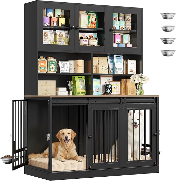 HOSTACK 71" Tall Dog Crate Furniture, 55" W Dog Kennel with Storage Hutch, XL Dog Crate for 2 Dogs with Feeding Bowls, Indoor Heavy Duty Dog Cage with Removable Room Divider, Wooden Pet House, Black
