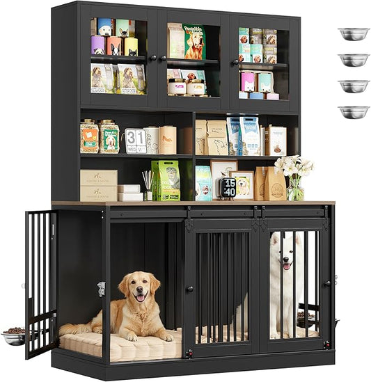 HOSTACK 71" Tall Dog Crate Furniture, 55" W Dog Kennel with Storage Hutch, XL Dog Crate for 2 Dogs with Feeding Bowls, Indoor Heavy Duty Dog Cage with Removable Room Divider, Wooden Pet House, Black