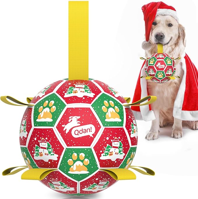 QDAN Christmas Dog Toys: Dog Soccer Ball with Straps for Outdoor Play, Tug of War, Puppy Gifts Durable 8-Inch Dog Balls for Medium Large Dogs