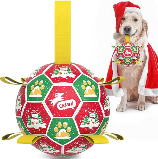 QDAN Christmas Dog Toys: Dog Soccer Ball with Straps for Outdoor Play, Tug of War, Puppy Gifts Durable 8-Inch Dog Balls for Medium Large Dogs