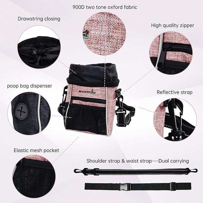 Dog Treat Pouches Training Walking Bag with Shoulder Strap, Large Space for Pets Food, Polyester Fabric, 3-Way Wearing Design, Portable Pet Bagand Easy to Clean (Pink)
