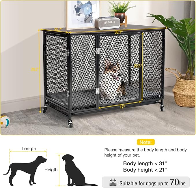 Aivituvin Dog Crate Furniture Movable Side End Table Indoor Dog Kennel for Small Medium Large Dogs Double-Doors Wooden Dog House with Cushion, Tray, Wire Floor(38.6")