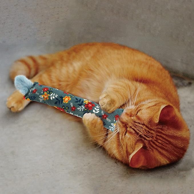 2 Pack Natural Interactive Catnip & Silvervine Cat Kicker with Feathers, Bite Resistant Chew Toy, Crinkle Kicker, Accessories for Indoor Cat, Premium Corduroy Floral