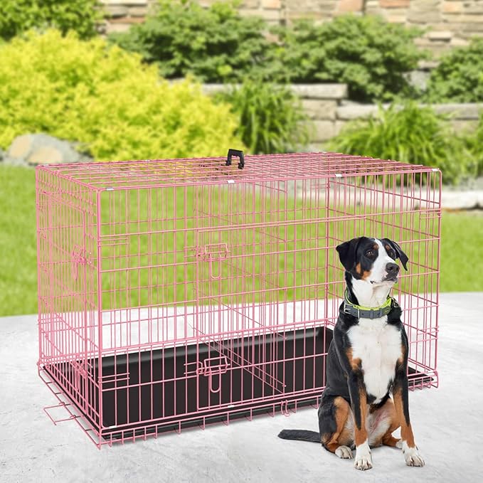 BestPet | Dog Crate | 36" | Pink | Foldable Metal Kennel with Double Doors, Secure Slide-Bolt Latches, Leakproof Tray | Portable Dog Cage for Medium Sized Breeds | for Travel, Indoor & Outdoor Use