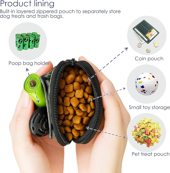 Dog Treat Pouch for Pet Walking and Training with Clicker Poop Bags and Double Bag Design Small Fanny Zipper Pack Holder for Puppy Snack Dispenser Kit for Leash and Outdoor Use (NM-Green)