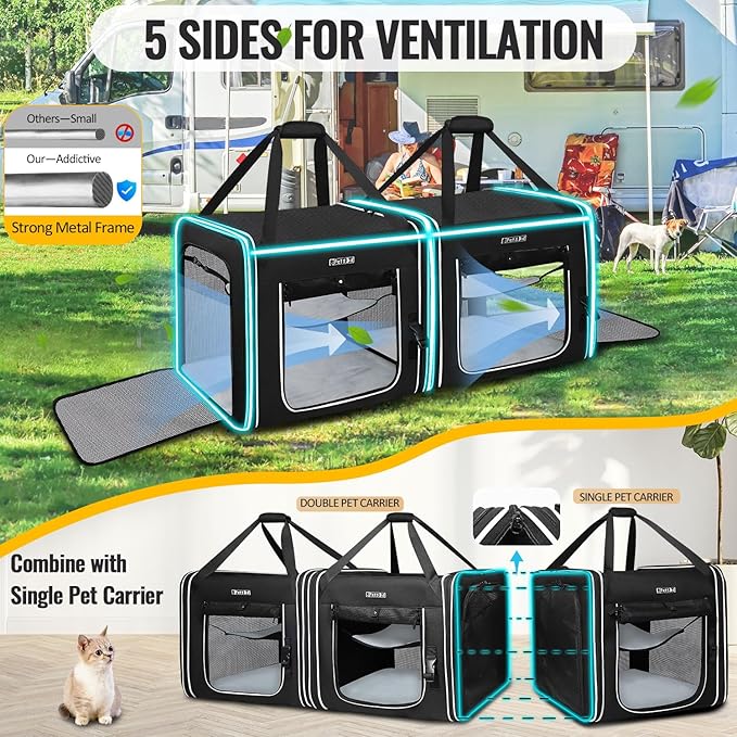 Petskd Portable Double Cat Carrier with Litter Box for Multiple Cats 2in1 Car Travel Carriers 36x17x17in Dual Large Cat Carrier with Safety Locking Zippers for Long Distance Travel