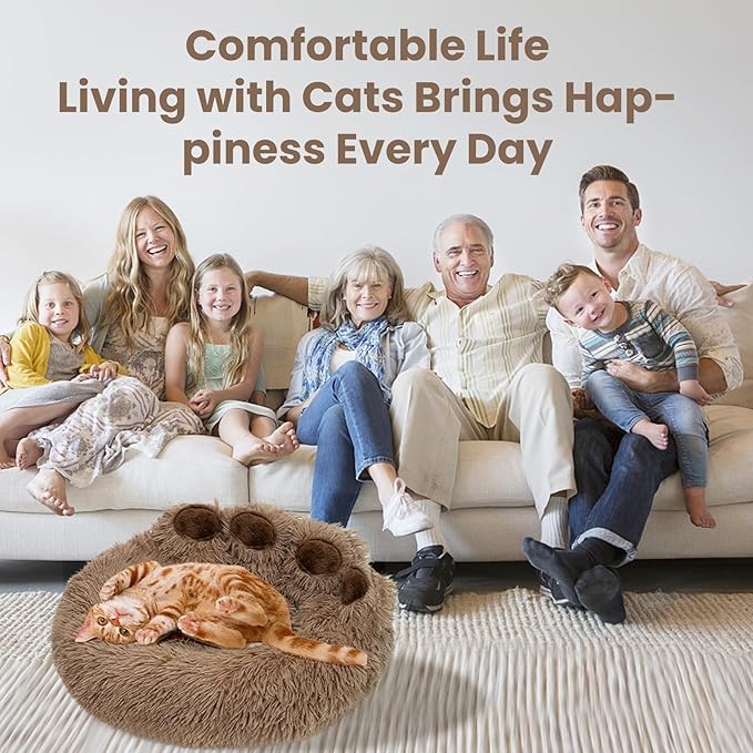 Calming Dog Bed Cat Bed Medium Size Dog - Donut Washable Medium Pet Bed, Warm Kitten Nest 24 inches Anti-Slip Round Fluffy Plush Faux Fur Cat Bed, Fits up to 25 lbs Pets, (Classic Camel)