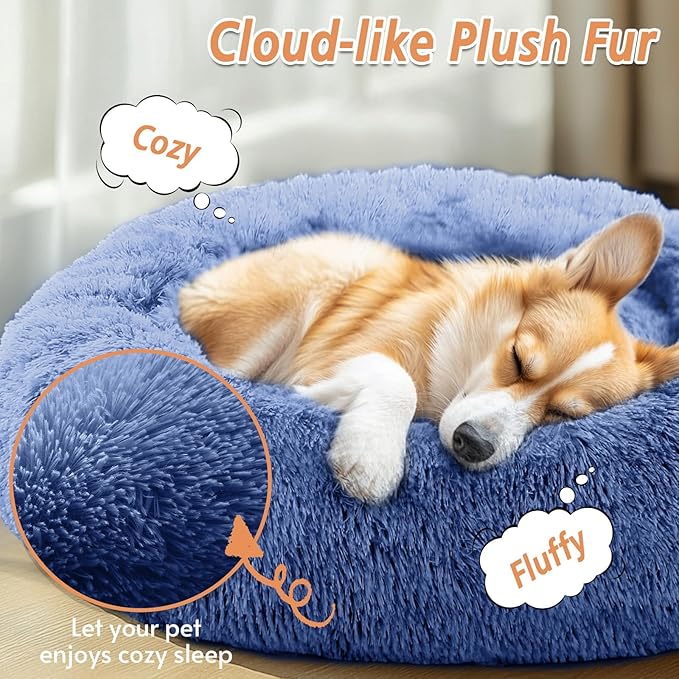 JOLLYVOGUE Calming Dog & Cat Bed for Small Dogs, Anti-Anxiety Donut Cuddler Cozy Soft Round Bed with Anti-Slip Bottom, Fluffy Faux Fur Plush Cushion Beds for Small Medium Pets (23")