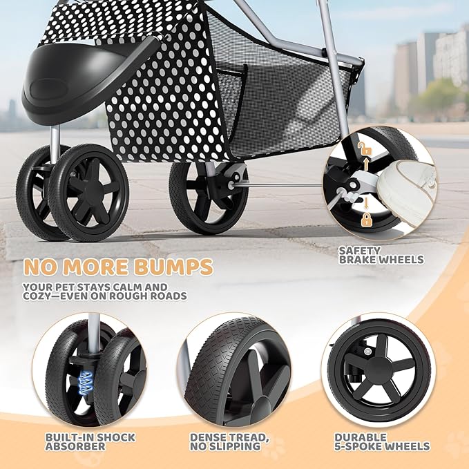 Magshion 3-Wheel Pet Stroller, Foldable Travel Jogger for Small & Medium Dogs & Cats (Up to 33lbs), Lightweight Carrier with Breathable Mesh Cover, Cup Holder & Storage Basket, Black Polka Dots