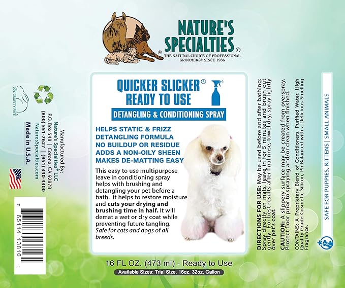 Paw Brothers Grooming Tool and Nature's Specialties Conditioning Spray Bundle - Soft Coated Pin Curved Slicker Brush, Small - Quicker Slicker Detangling and Conditioning Spray, Ready to Use, 16 oz