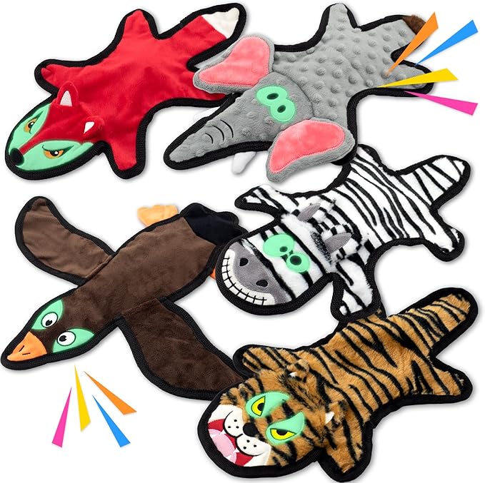 No Stuffing Dog Squeaky Toys, Glowing Eyes Crinkle Plush Puppy Toys for Teething Chewing, 5pcs Flat Tough Dog Toys Set for Large Medium Small Dogs to Keep Them Busy