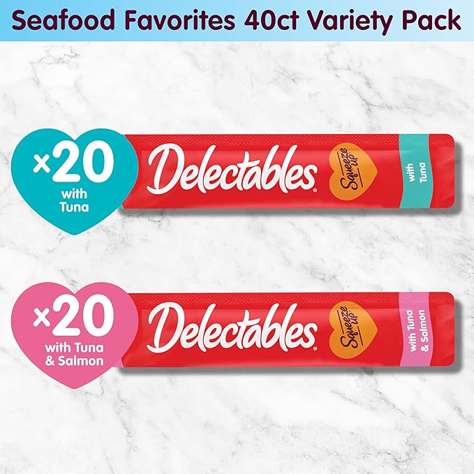 New! Delectables Squeeze Up Seafood Variety Pack, Creamy Squeezable Puree, Lickable Wet Cat Treats, Grain-Free, No Added Fillers, 0.5 Ounces Tube, 40 Tubes Total