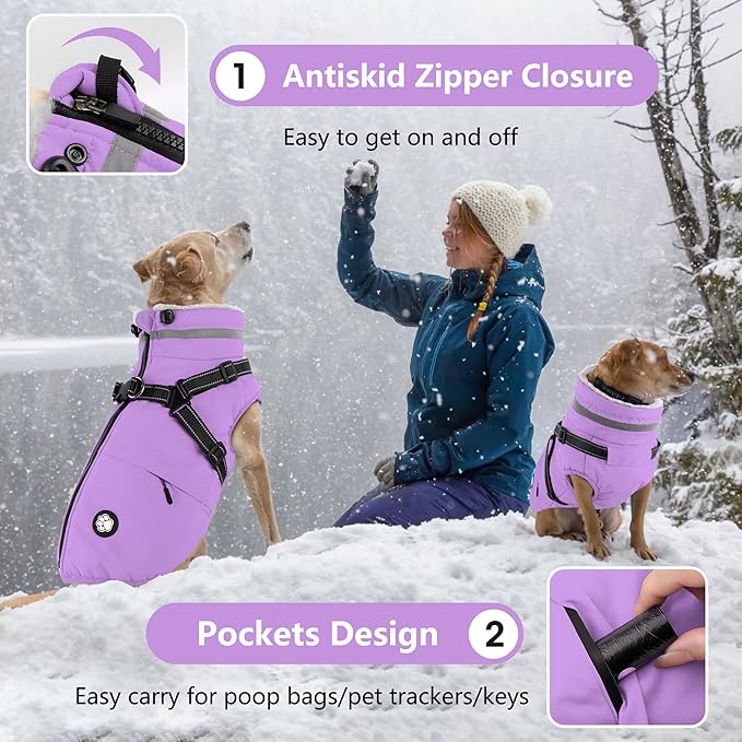 Dogcheer Dog Coat with Harness, Waterproof Dog Jacket, Reflective Puppy Winter Jacket with Pocket, Doggy Turtleneck Fleece Vest for Small Medium Large Dogs - Taro Purple, XL