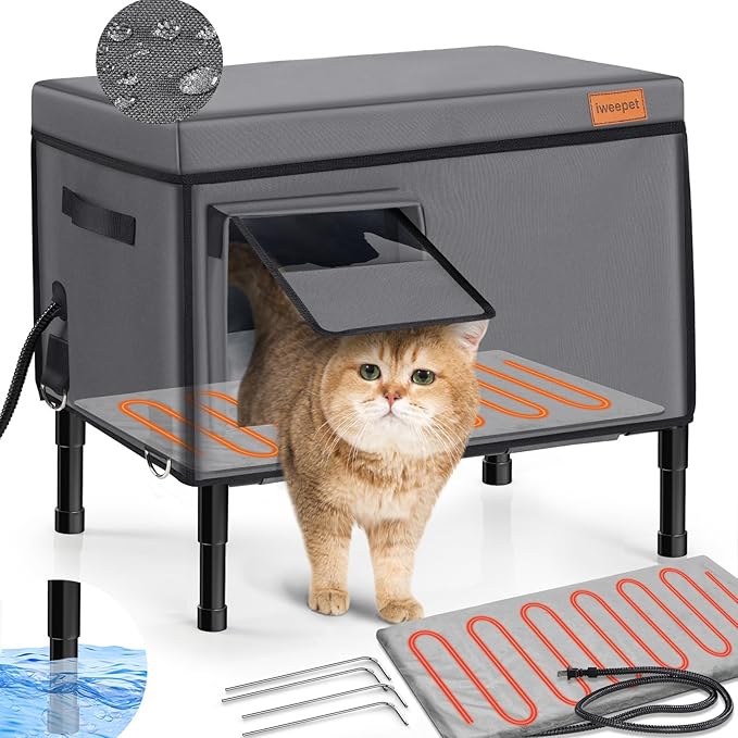 Heated Cat House for Outdoor Cat in Winter, Indestructible 100% Weather Outdoor Cat House, Foil Insulated Pet Shelter for Outside Barn Feral Stray Cat,Medium