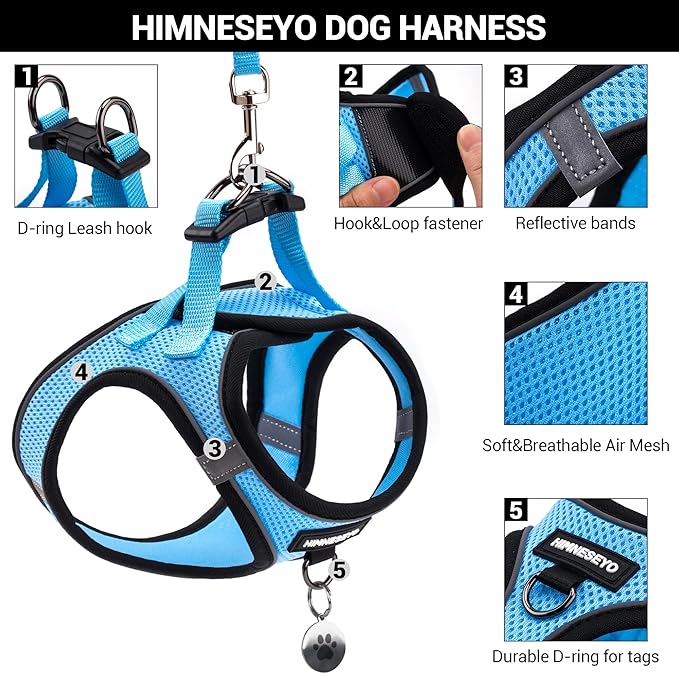 Dog Harness and Leash Set, Dog Harness for Dogs No Pull, No-Chock Step-in Reflective Breathable Lightweight Easy Walk Vest Harnesses with Safety Buckle for Small Dogs, Cats (Light Blue, S)
