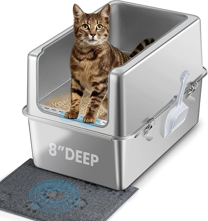 Stainless Steel Litter Box with Metal Lid and Scoop - Enclosed Metal Litter Box for Large Cats, Rust-Resistant, Odor-Control, Easy to Clean, Durable & Long-Lasting with Round Edge (XXL)