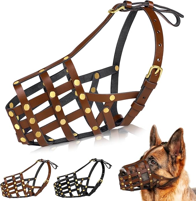 OOPSDOGGY German Shepherd Dog Muzzle for Large Dogs - Leather Breathable Secure Basket Muzzle for Large Breeds Prevents Biting No Chewing Adjustable (Brown, Size 7 - German Shepherd (Medium))