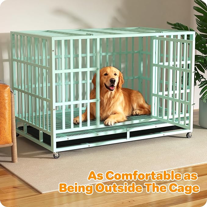 Heavy Duty Indestructible Dog Crate 48 Inch with Removable Tray, Sizes & Colors Optional, Escape Proof Double Door High Anxiety Cage Indoor, Kennel with Wheels for Large Dogs, XL XXL XXL