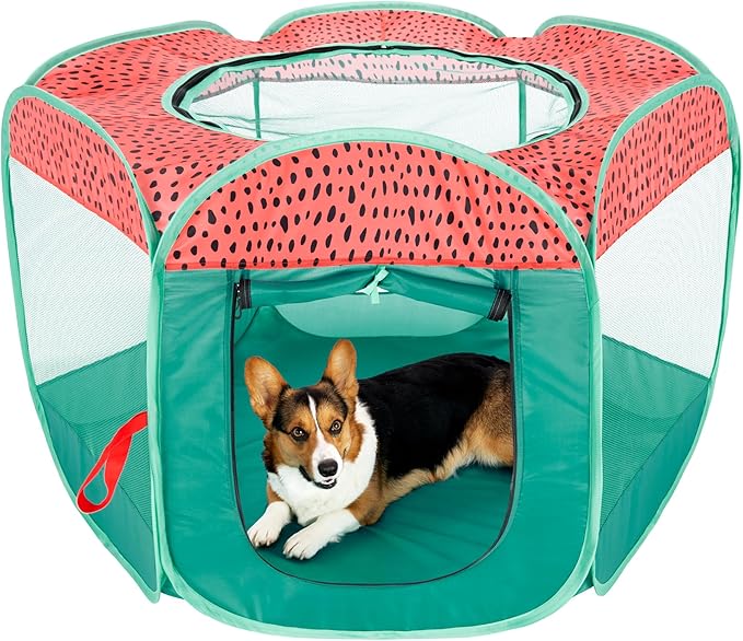 Furhaven Portable Dog Playpen Cat Tent, Pet Playground/Kennel Foldable Indoor Outdoor Zippered Puppy Crate - Green & Pink, Large