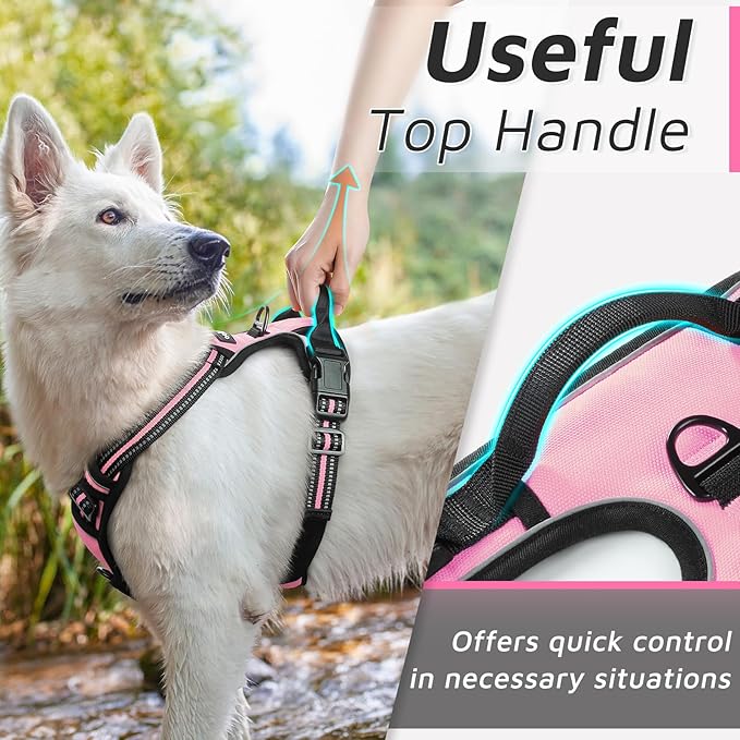 Eagloo Dog Harness Medium Sized Dog, No Pull Service Vest with Reflective Strips and Control Handle, Adjustable and Comfortable for Walking, No Choke Pet Harness with 2 Metal Rings, Pink, M