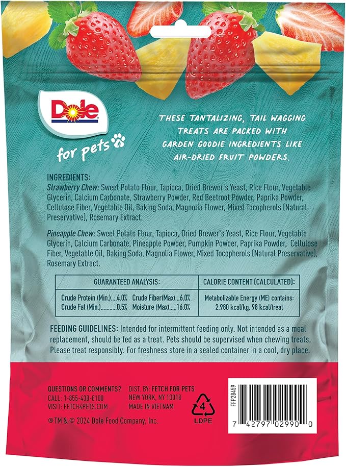 Dole Freshly Fetched Dog Chews, Strawberry & Pineapple Flavored Dog Treats, 7oz, No Wheat, Corn, Soy, Artificial Flavors, Colors, or Preservatives (Pack of 2)