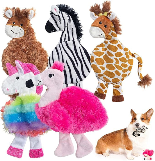 Hollypet Soft Squeaky Dog Toys, Plush No - Mess Chew Toys for Small and Medium Dogs and Non-Aggressive Chews, Puppy Teeth Cleaning Chew Toys, 5 Animal