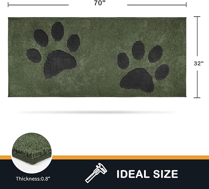 PURRUGS Dirt Trapping Door Mat 32" x 70", Non-Skid/Slip Machine Washable Microfiber Entryway Rug, Dog Doormat, Super Absorbent Welcome Mat for Muddy Wet Shoes and Paws, Green