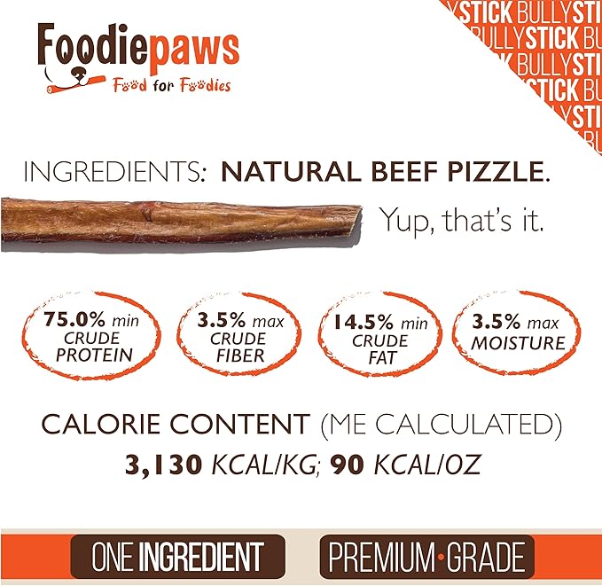 FOODIEPAWS 12 Inch Jumbo Bully Sticks for Dogs, 10 Pack Bulk | All Natural, Grass-Fed Beef | Rawhide-Free, Odor-Free, Fully Digestible & Long Lasting Dog Chews | for Large Breeds & Aggressive Chewers