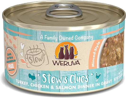 Weruva Classic Cat Stews!, Stew's Clues with Turkey, Chicken & Salmon in Gravy, 2.8oz Can (Pack of 12)