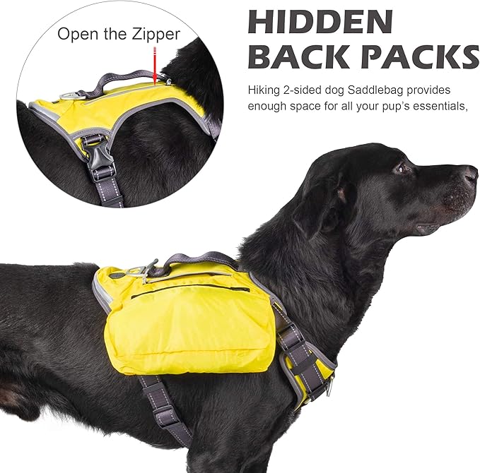 Fida Dog Harness, Multi-Functional No-Pull Pet Vest Harness with Saddle Bags Backpack, Front Leash Clip, Adjustable Soft Padded Reflective No-Choke Dog Vest Heavy Duty for X-Large Dog, XL,Yellow
