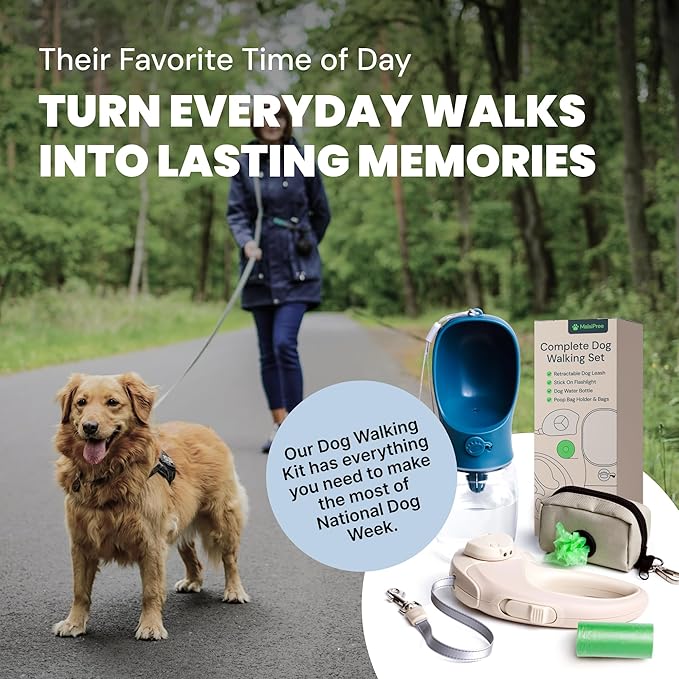 MalsiPree Walking Set with Retractable Dog Leash, Poop Bag Holder, Leak Proof 12 Oz Dog Water Bottle, Flashlight & 20 Poop Bags - 9.8ft Leash Retractable for Small to Medium Pet (Sand & Teal, 12 Oz)