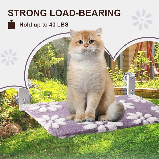 Cat Window Perch, Foldable Cat Window Hammock with Cute 3D Textured Flower Cover and Strong Suction Cups, Cordless Window Seat Bed for Indoor Cats (Purple, Large)