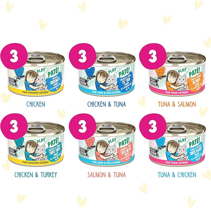 Weruva B.F.F. Play - Best Feline Friend Paté Lovers, Aw Yeah!, Swipe Right Delight Grain-Free Natural Wet Cat Food Variety Pack, 2.8oz Can (Pack of 18)