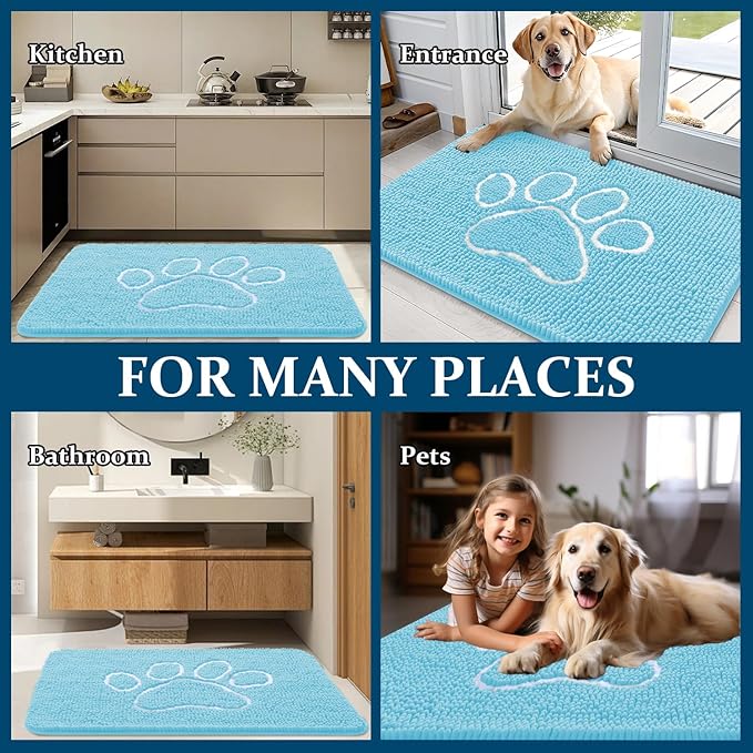 OLANLY Dog Door Mat for Muddy Paws 30x20, Paw Print Design, Absorbs Moisture and Dirt, Absorbent Non-Slip Washable Doormat, Quick Dry Chenille Mud Mat for Dogs, Entry Indoor Entryway Carpet, Blue