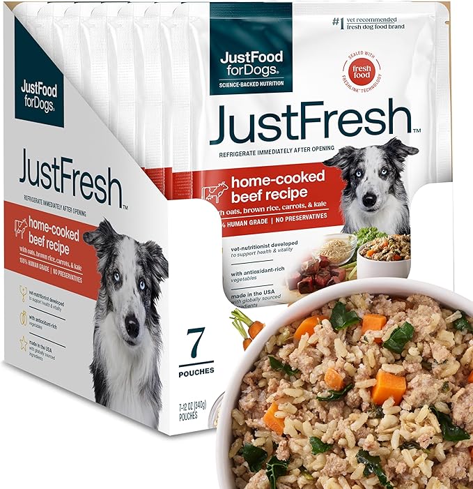 JustFoodForDogs JustFresh Wet Dog Food, Fresh Pet Meals and Toppers with No Preservatives, Resealable Package, Human Grade, Home-Cooked Beef, 12 oz - 7 Pack