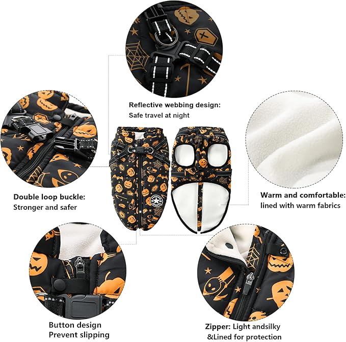 Aiboria Winter Dog Coat Windproof Fleece Jacket with Chest Strap Dog Vest Harness Halloween Black 3XL