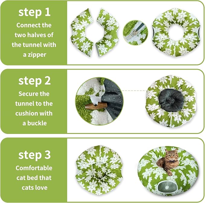 Cat Tunnel Bed for Indoor Cats, Cute Cat Donut Tunnel with Washable Circle Cushion, Under Christmas Tree Soft Plush Peekaboo Cat Cave Toy for Kitten, Puppy, Rabbit (Green)