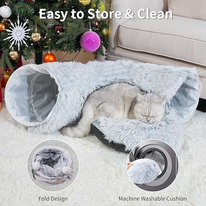 Cat Tunnels for Indoor Cats, Cat Tunnel Bed with Washable Cushion, Cat Tunnel Christmas Tree Skirt, Collapsible Donut Tunnel for Medium & Large Cat, Peekaboo Cave Toy, Gray