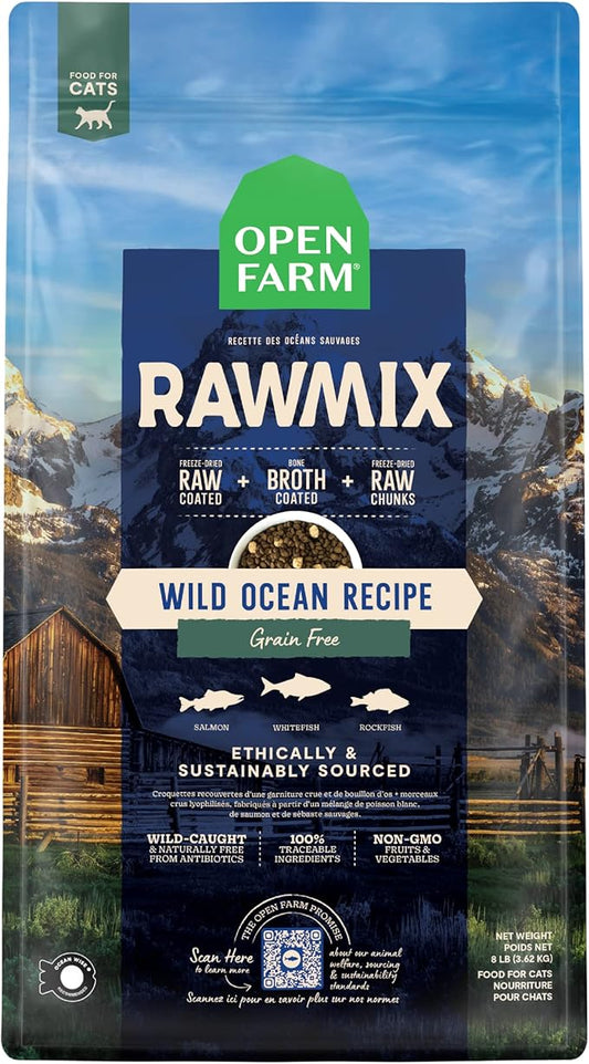Open Farm, RawMix Dry Cat Food, Protein-Packed Kibble Coated in Bone Broth with Freeze Dried Raw Chunks, for Indoor & Outdoor Cats, Wild-Caught Whitefish, Salmon & Rockfish Recipe, 2.25lb Bag
