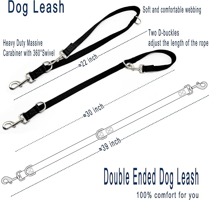 Double Ended Dog Leash,for Obedience Training Easy to Use,Lightweight,Soft for Large and Medium Dogs (Black, 1M*2.5CM)