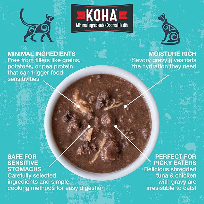 KOHA Poké Bowl Cat Variety Pack, Wet Cat Food in Gravy - 7 Flavors - Tuna Combinations of Salmon, Chicken, Lamb, Duck, Shrimp, and More - 3 oz Pouches, Pack of 12