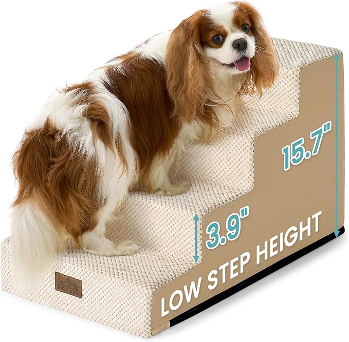 Low Dog Stairs for Small Dogs 15.7" H, Pet Steps for Couch Sofa Chair with Washable Cover, Non-Slip Indoor Ramp for Puppy Older Cats, 4 Step, Beige