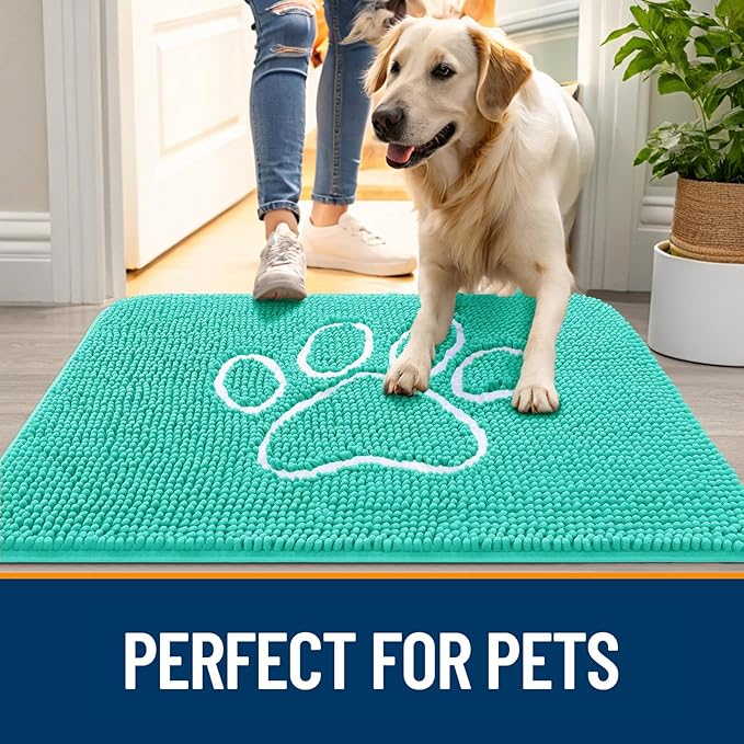OLANLY Dog Door Mat for Muddy Paws 48x30, Paw Print Design, Absorbs Moisture and Dirt, Absorbent Non-Slip Washable Doormat, Quick Dry Chenille Mud Mat for Dogs, Entry Indoor Entryway Carpet, Teal