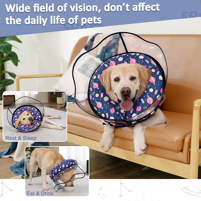 Inflatable Dog Cone Collar,Waterproof Soft Dog Donut Cone for Large Medium Small Dogs Cats, Recovery Pet E-Collar Alternatives After Surgery (Planet-with Shield, Medium+)