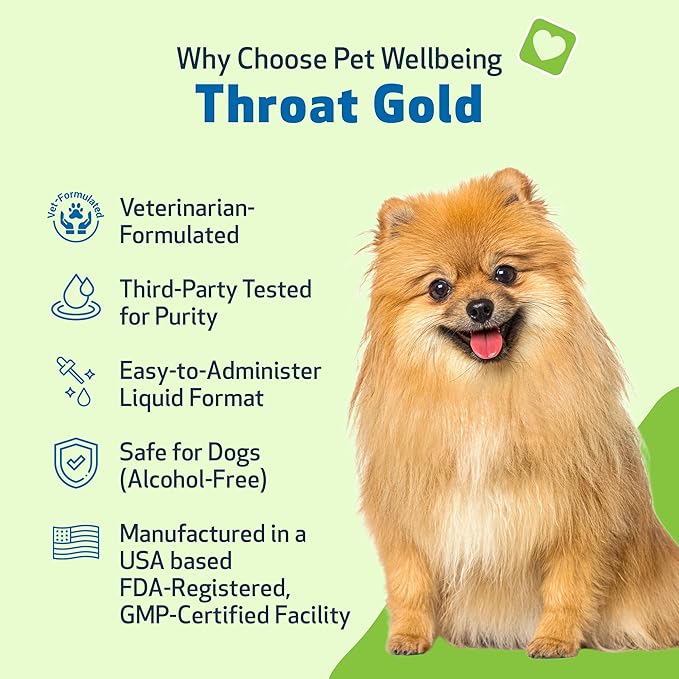 Pet Wellbeing Throat Gold for Dogs - Vet-Formulated - Soothes Throat Discomfort, Hoarseness, Leash Strain, Occasional Cough in Dogs - Natural Herbal Supplement 2 oz (59 ml)