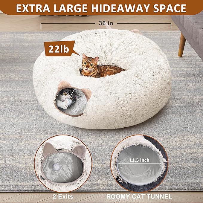 NEZIN Cat Tunnel with Cat Bed for Indoor Cats, Multifunctional Donut Tunnel Playground Toys for Cats Kitten